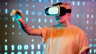 A person experiences virtual reality with a headset against a background of binary code. — Automate Daily Tasks with Reliable