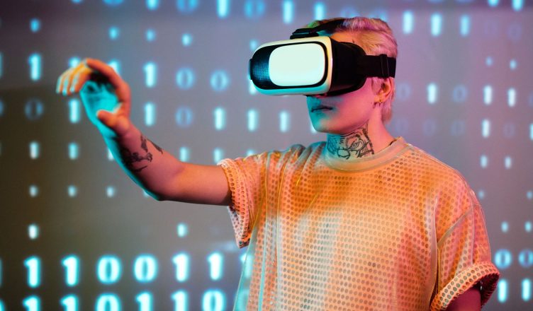 A person experiences virtual reality with a headset against a background of binary code. — Automate Daily Tasks with Reliable