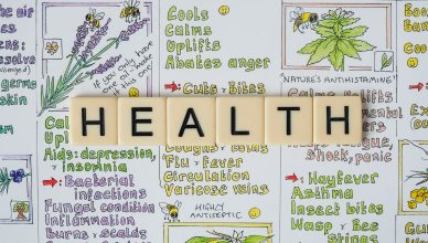 Creative representation of herbal health benefits using illustrated letter tiles spelling 'health'. — Dr. Scott Kamelle Suppo