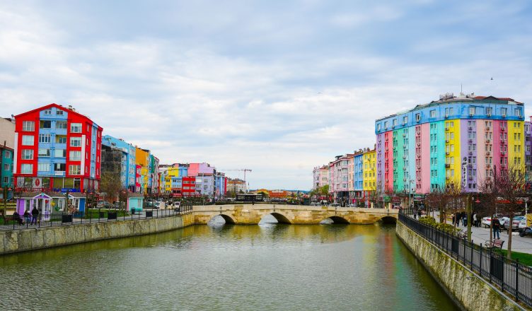 Vibrant cityscape with colorful buildings along a river and stone bridge under a cloudy sky. — Know The Main Concepts Of Phot