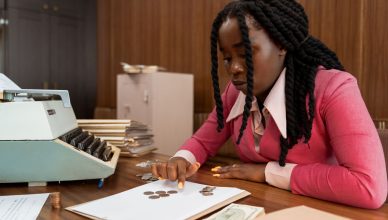 A businesswoman in vintage attire counts coins in a retro office setting. — Learn How to Maximize Your Gains from ULIPs