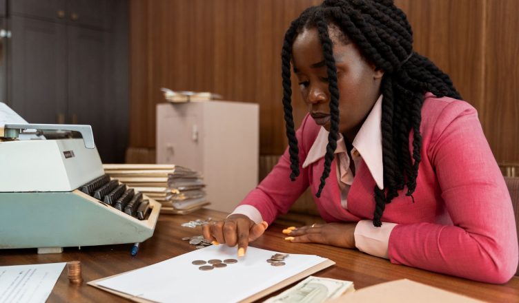 A businesswoman in vintage attire counts coins in a retro office setting. — Learn How to Maximize Your Gains from ULIPs