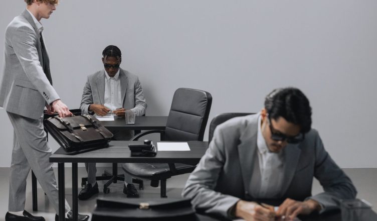 Business office with diverse employees in gray suits working at desks in an indoor setting. — The Truest Essentialities of Cl